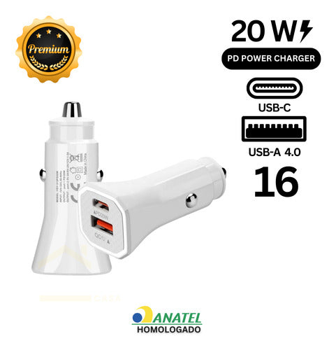 Carregador Automotivo + Cabo Para iPhone 16 E 15 Tipo C 20w