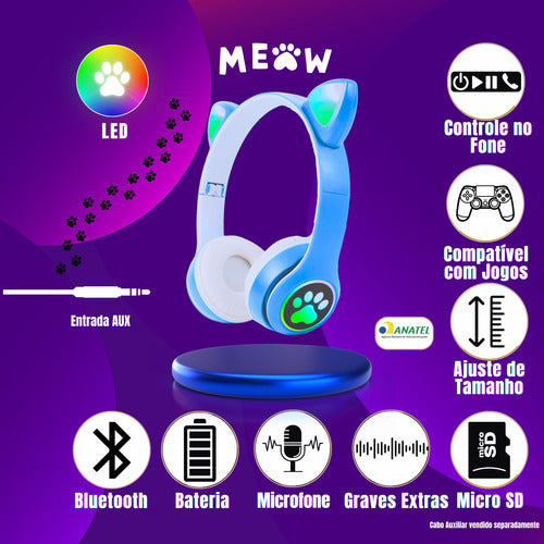 Fone De Ouvido Gatinho Fofinho Bluetooth Led Cat Headset