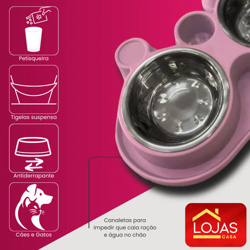 Comedouro E Bebedouro Com Petisqueira Cão/gato Tigelas Inox