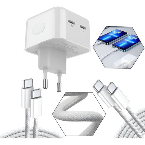 Carregador 50w Usb-c Duplo Para iPhone 16 Pro Max + 2 Cabos