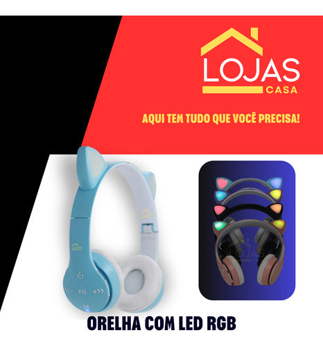 Fone De Ouvido Crianças Orelha De Gatinho Bluetooth Led Rgb
