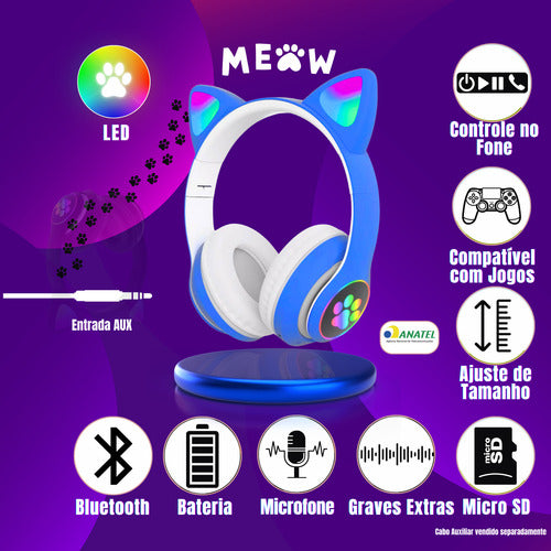 Fone De Ouvido Gatinho Fofinho Bluetooth Led Cat Headset
