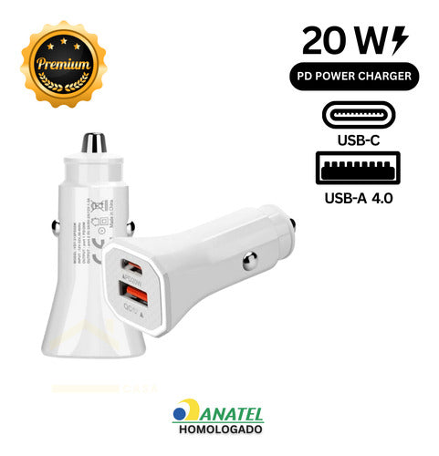 Carregador Automotivo + Cabo Para iPhone 11 12 14 Tipo C 20w