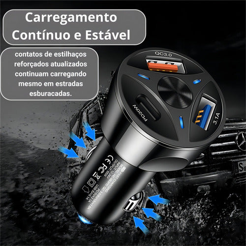 Carregador Automotivo Turbo 3 Entrada Usb 3.0/3.1/tipo-c Top Cor Preto