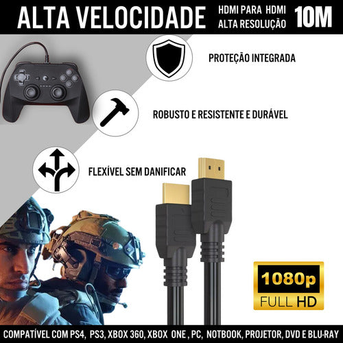 Cabo Hdmi Alta Velocidade 10m Preto Ethernet 1080p Tv Ps3 Ps4 Xbox Pc Lojas Casa