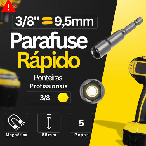 Kit 5 Ponteiras Bits Soquete Canhão Sextavado 3/8 Ou 9,5mm