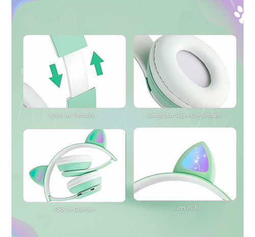 Fone De Ouvido Infantil Orelha De Gatinho Bluetooth Led  Rgb
