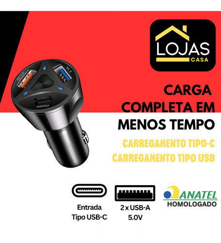 Carregador Veicular Turbo 55w Usb-c Duas Usb-a Triplo Luxo