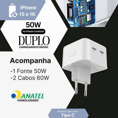 Carregador 50w Usb-c Duplo Para iPhone 16 Pro Max + 2 Cabos