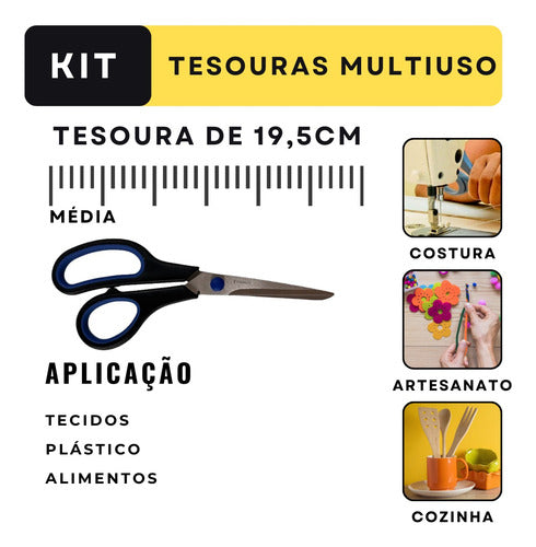 Kit 3 Tesoura Multiuso Aço Inox Papel Tecido Cozinha Costura