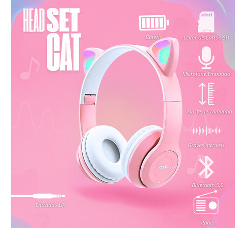 Fone De Ouvido Infantil Orelha De Gatinho Bluetooth Led  Rgb