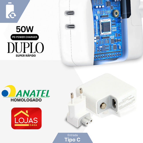 Carregador Duplo 50w Usb C + 2 Cabos 2m Samsung Motorola