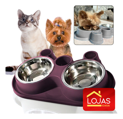 Comedouro E Bebedouro Com Petisqueira Cão/gato Tigelas Inox