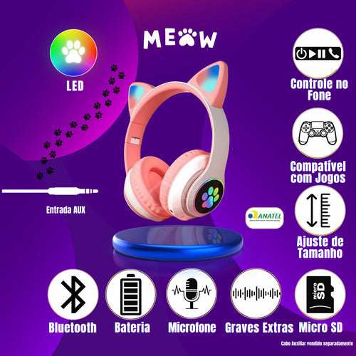Fone De Ouvido Gatinho Fofinho Bluetooth Led Cat Headset