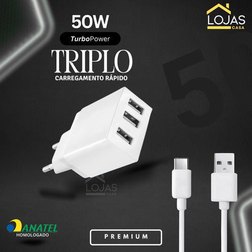 Carregador 50w Usb-c Triplo Para Motorola Moto G Edge Razr