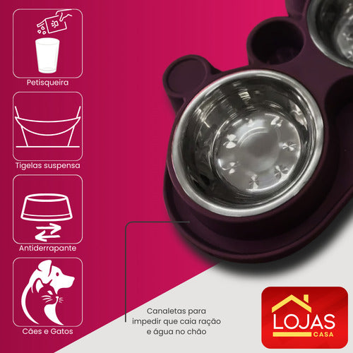 Comedouro E Bebedouro Com Petisqueira Cão/gato Tigelas Inox